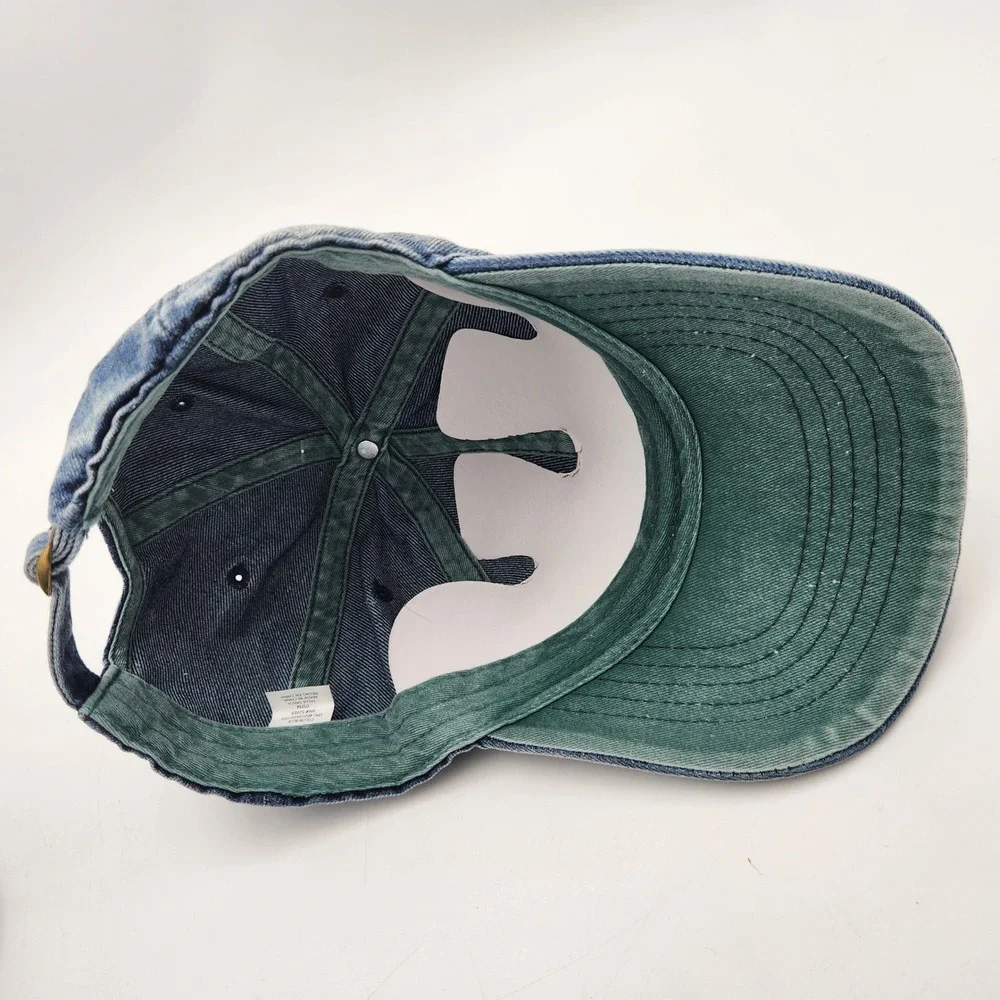 Wanderlust Embroidered‎ Acid Wash Denim Baseball Cap Blue Green Adjustable NEW